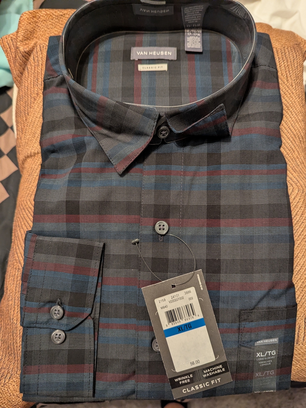 Van Heusen Classic Fit Plaid Dress Shirt - Black, Blue, Burgundy